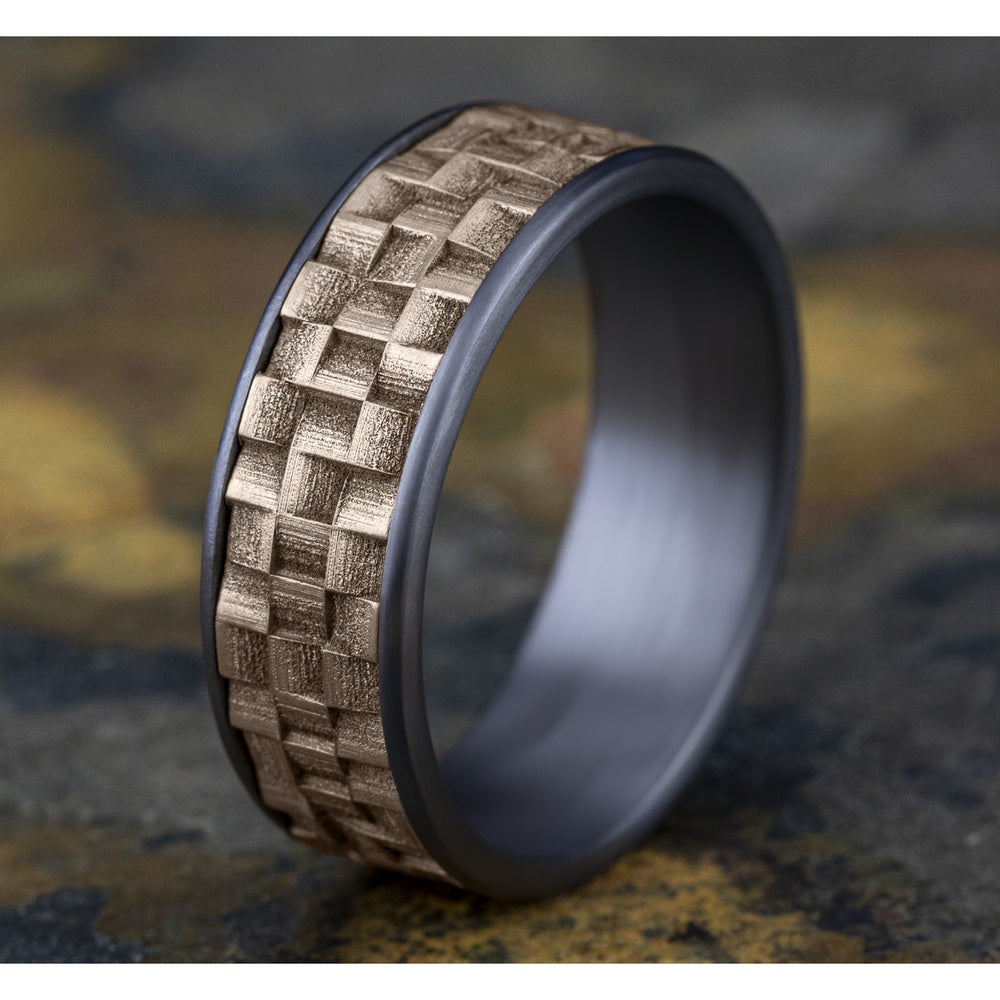 The Weaver Men's Wedding Band in Grey Tantalum and 14K Rose Gold - 7.5mm Width by Ammara Stone