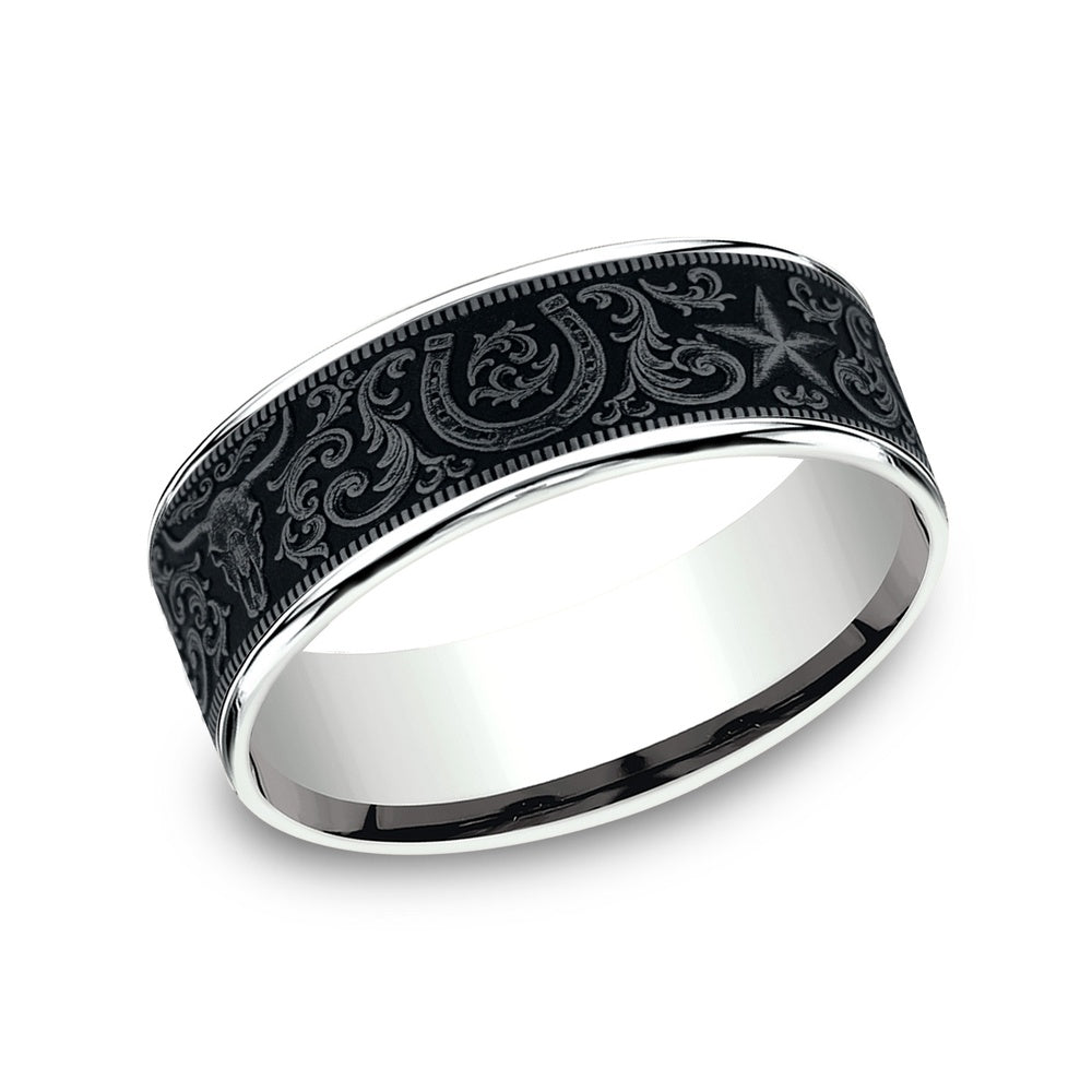 The Western Script Men's Wedding Band in 14K White Gold and Grey Tantalum - 7.5mm Width by Brook and Branch