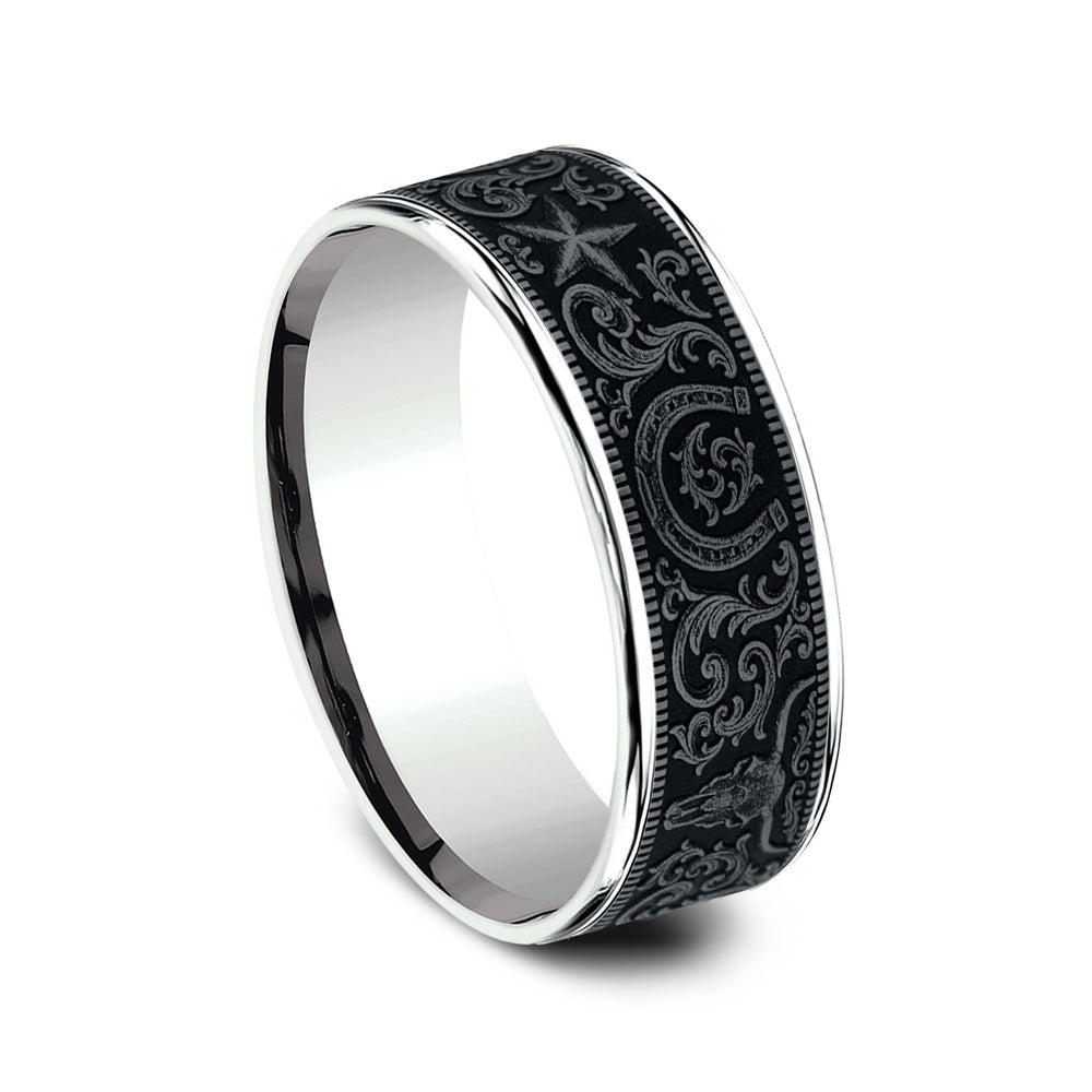 The Western Script Men's Wedding Band in 14K White Gold and Grey Tantalum - 7.5mm Width by Brook and Branch