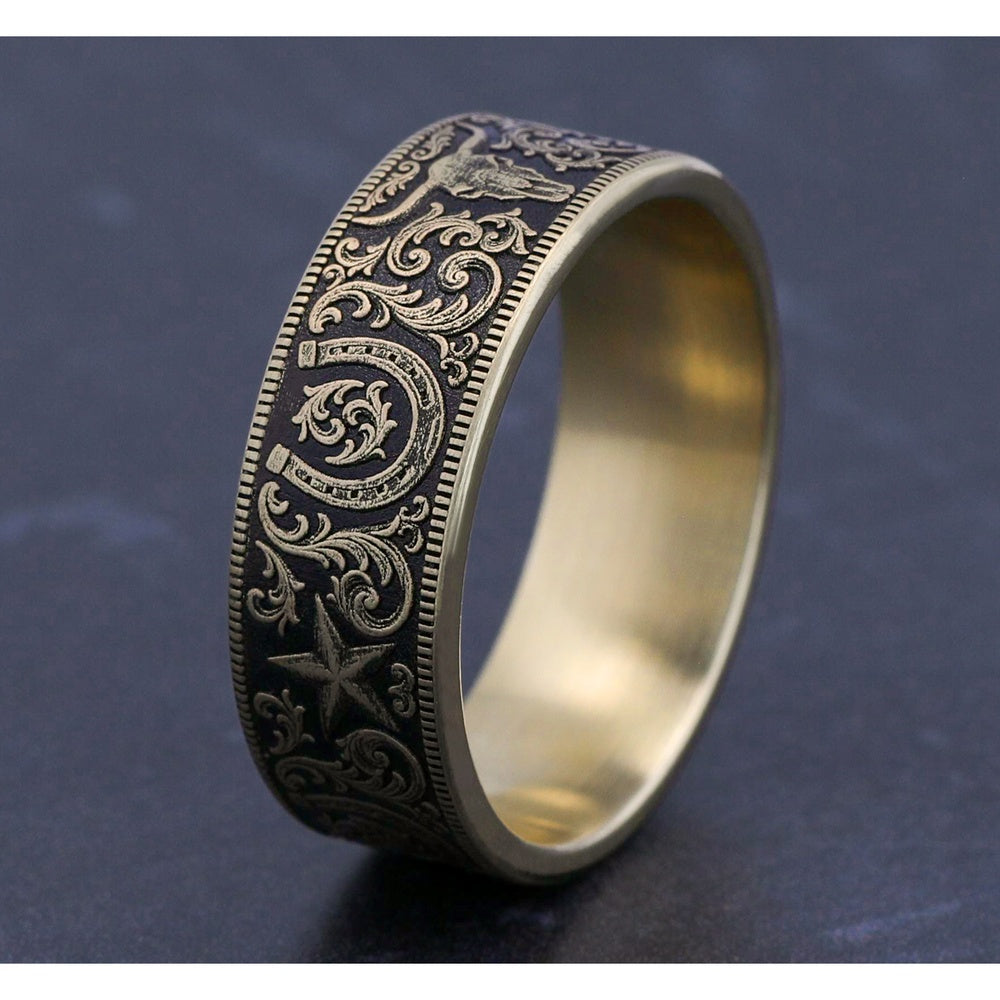 The Western Script Men's Wedding Band in 14K Yellow Gold - 8mm Width by Brook and Branch