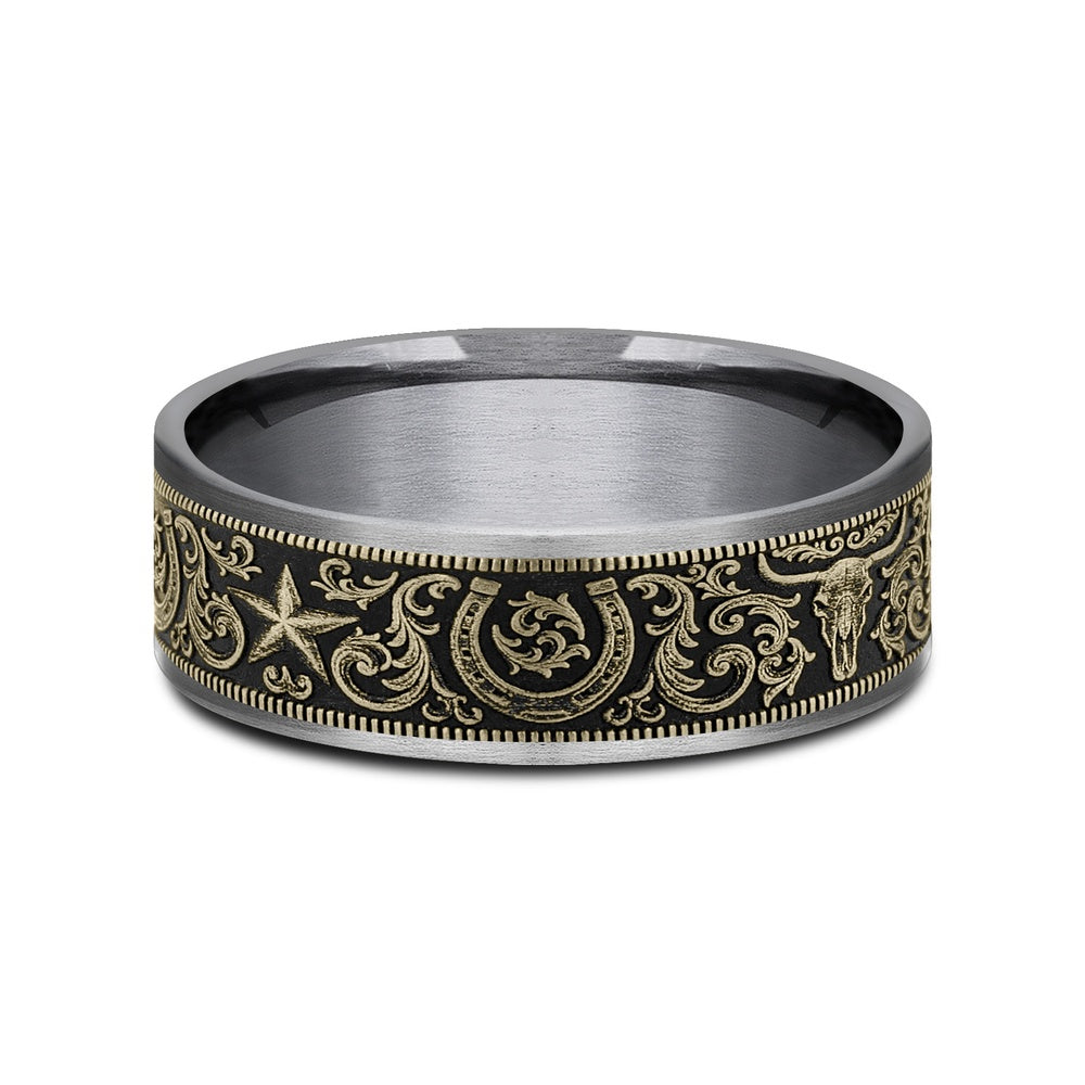 The Western Script Men's Wedding Band in Grey Tantalum and 14K Yellow Gold - 7.5mm Width by Brook and Branch