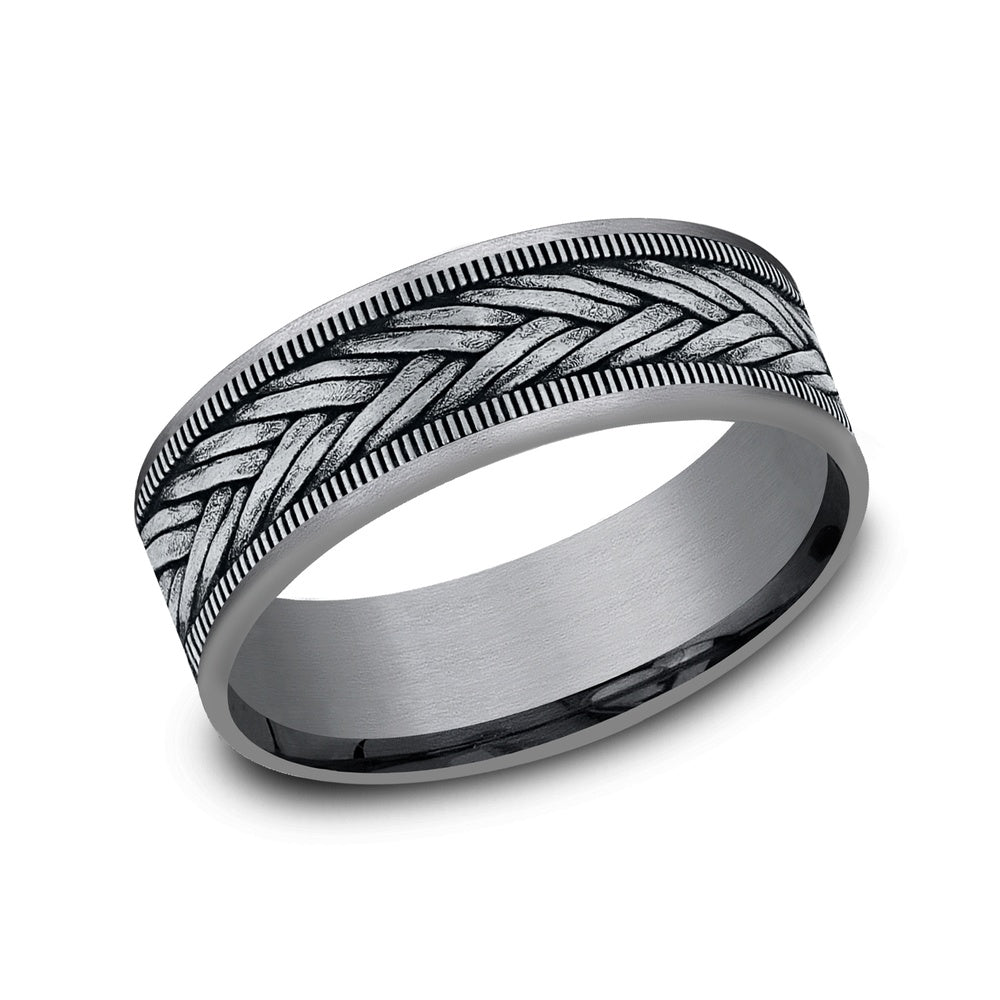 The Wheat Men's Wedding Band in Grey Tantalum and 14K White Gold - 7.5mm Width by Ammara Stone