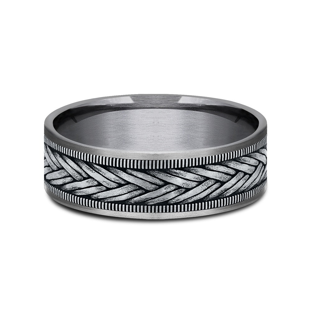 The Wheat Men's Wedding Band in Grey Tantalum and 14K White Gold - 7.5mm Width by Ammara Stone