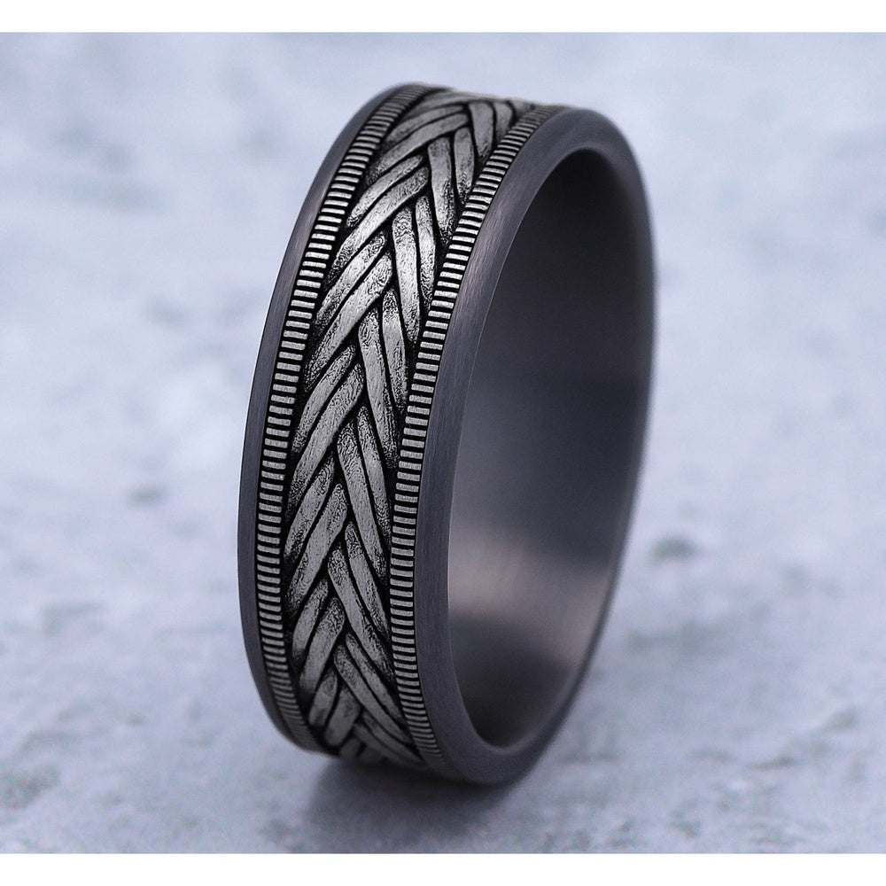 The Wheat Men's Wedding Band in Grey Tantalum and 14K White Gold - 7.5mm Width by Ammara Stone