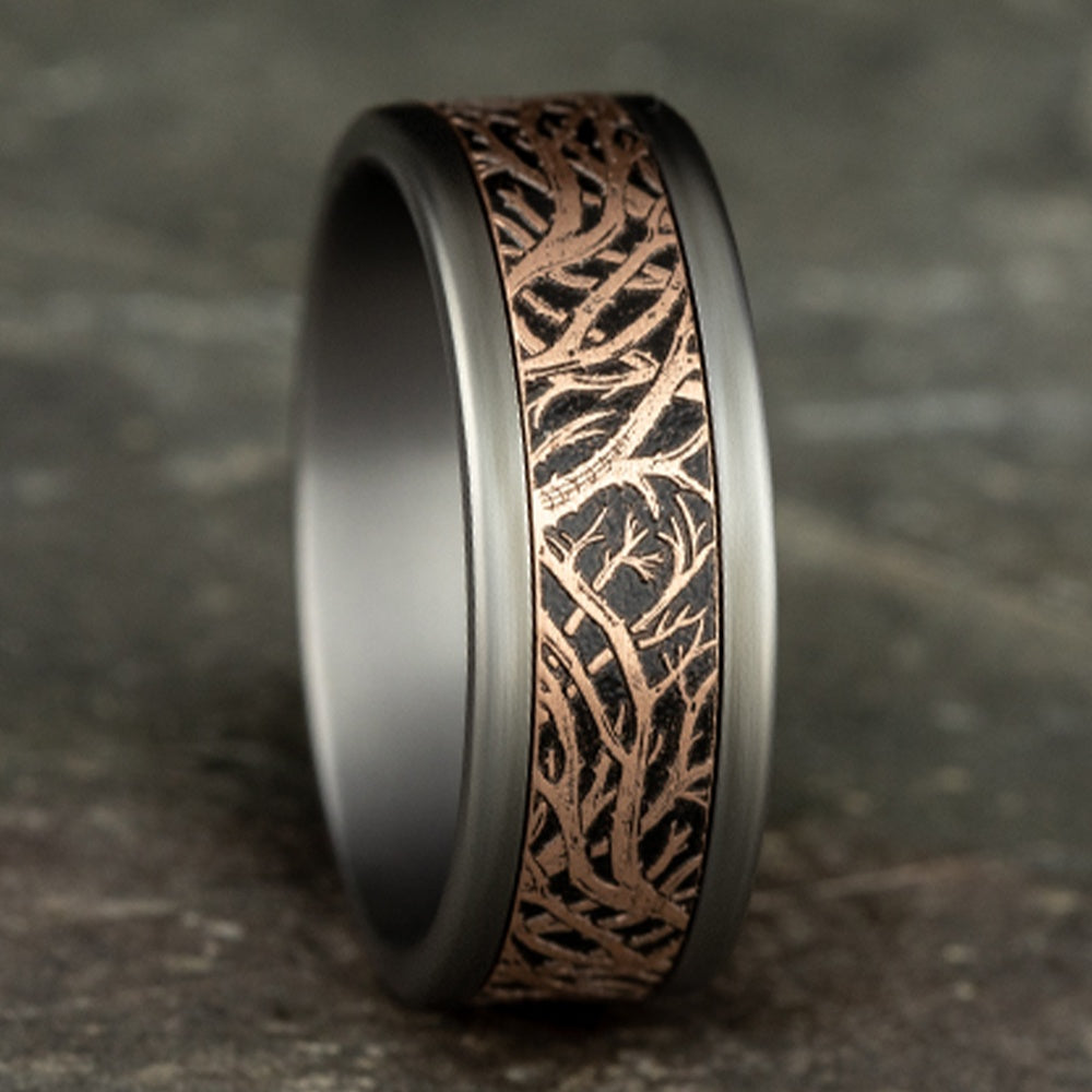 The Windsor Men's Wedding Band in Grey Tantalum and 14K Rose Gold - 8mm Width by Ammara Stone