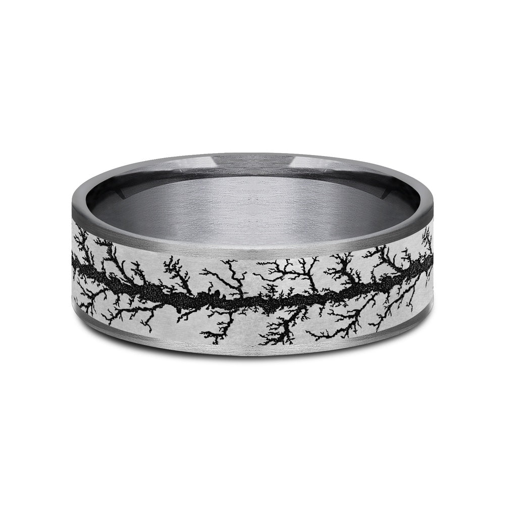 The Wood Burn Men's Wedding Band in Grey Tantalum and Grey/Black Titanium - 7.5mm Width by Brook and Branch