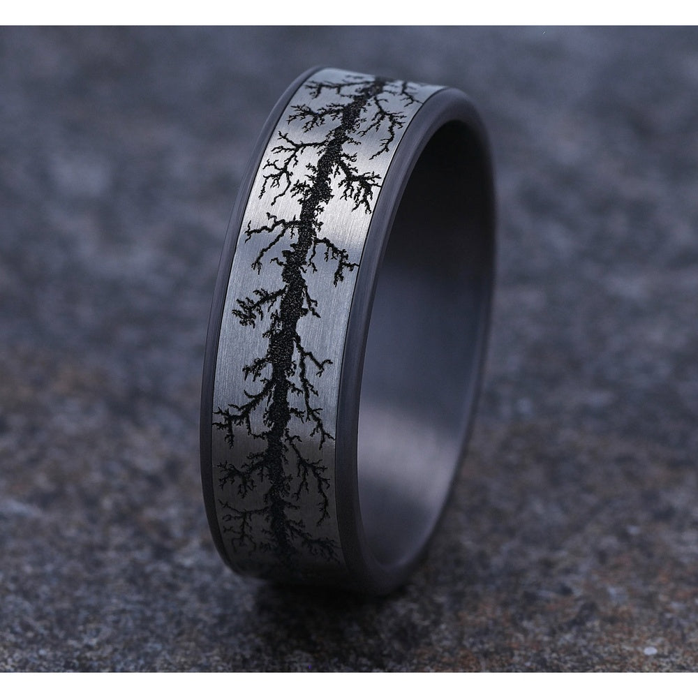 The Wood Burn Men's Wedding Band in Grey Tantalum and Grey/Black Titanium - 7.5mm Width by Brook and Branch