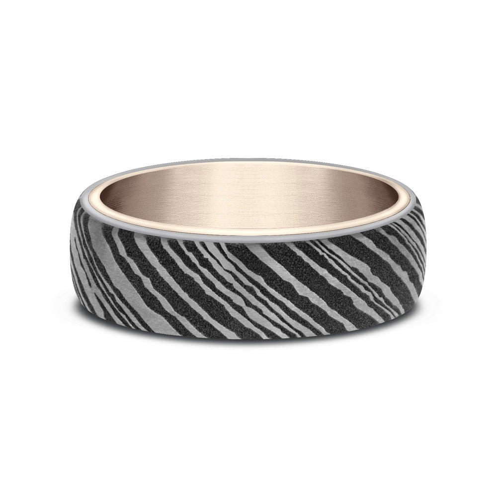 The Wood Grain Men's Wedding Band in 14K Rose Gold and Grey Tantalum - 6.5mm Width by Ammara Stone