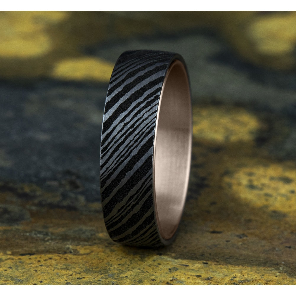 The Wood Grain Men's Wedding Band in 14K Rose Gold and Grey Tantalum - 6.5mm Width by Ammara Stone