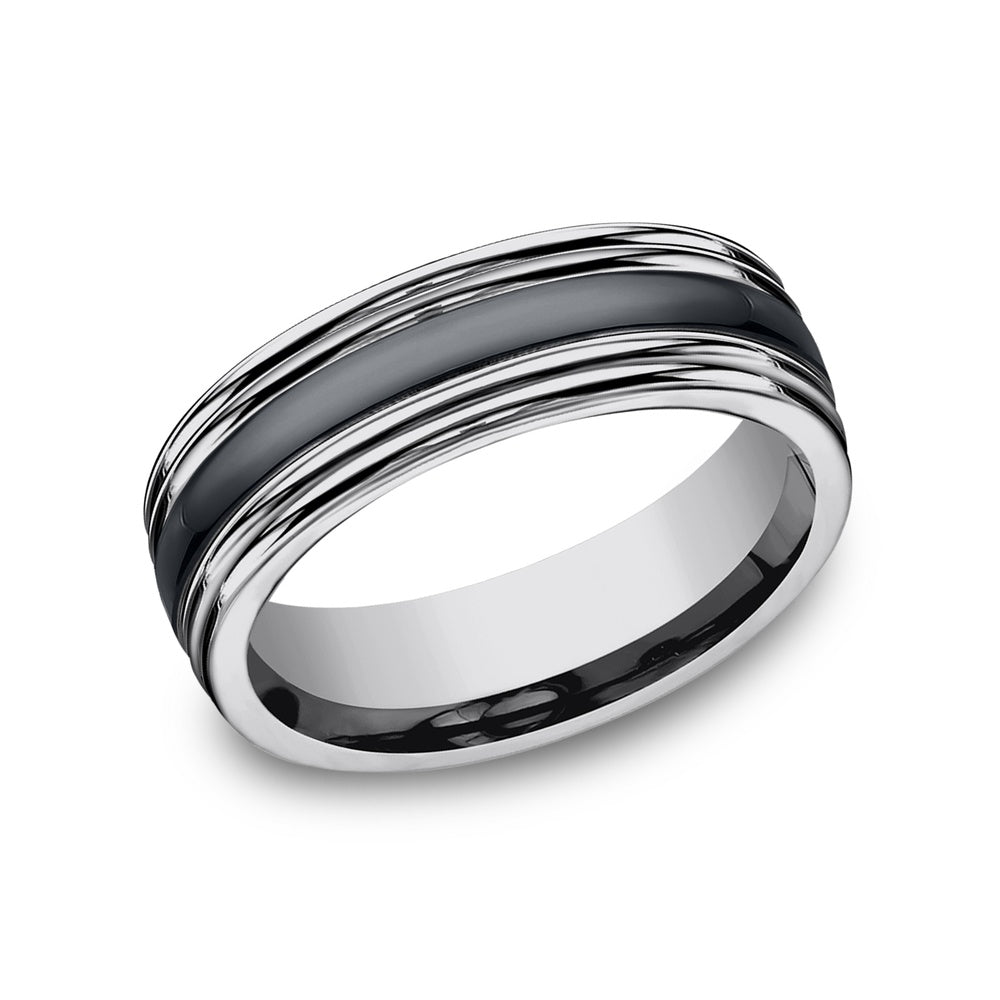 The Wraith Men's Wedding Band in Tungsten and Black Ceramic - 7mm Width by Forge