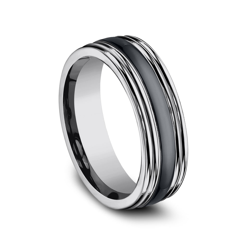 The Wraith Men's Wedding Band in Tungsten and Black Ceramic - 7mm Width by Forge