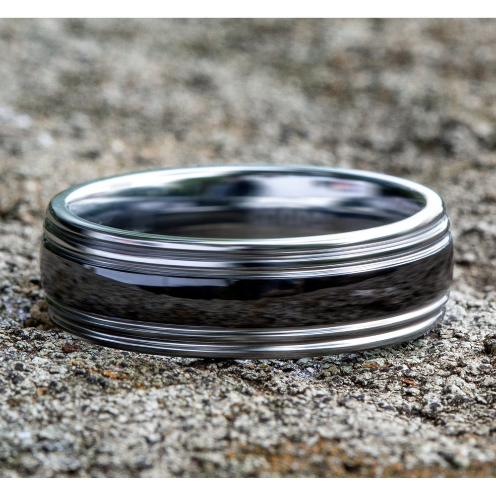 The Wraith Men's Wedding Band in Tungsten and Black Ceramic - 7mm Width by Forge