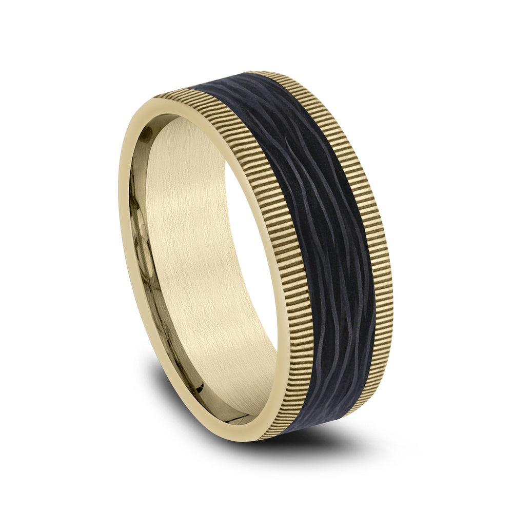 The Zephyr Men's Wedding Band in 14K Yellow Gold and Forged Carbon Fiber - 8mm Width by Ammara Stone