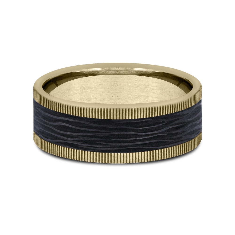 The Zephyr Men's Wedding Band in 14K Yellow Gold and Forged Carbon Fiber - 8mm Width by Ammara Stone