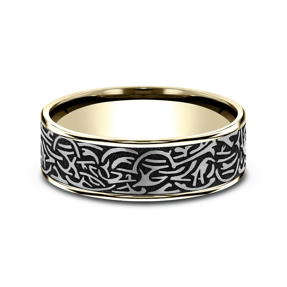 Thors Hammer Men's Wedding Band in 14K Yellow Gold and Grey-Black Titanium - 7.5mm Width by Ammara Stone