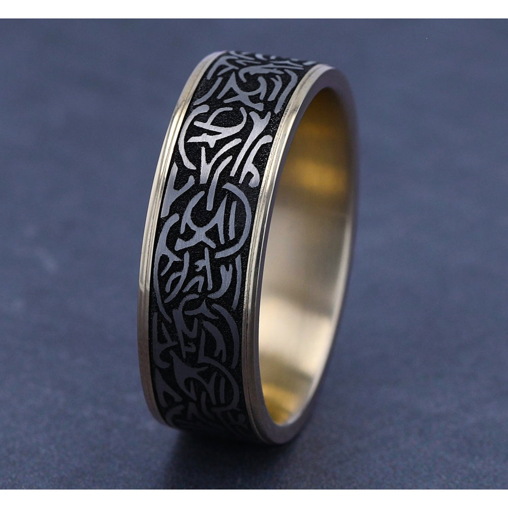 Thors Hammer Men's Wedding Band in 14K Yellow Gold and Grey-Black Titanium - 7.5mm Width by Ammara Stone