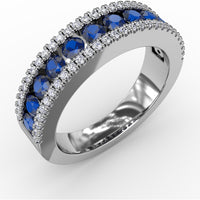 Three Row Band with Channel Set Round Sapphires and Pavé Diamonds by Fana - 1.25 Carat Total Gemstone Weight