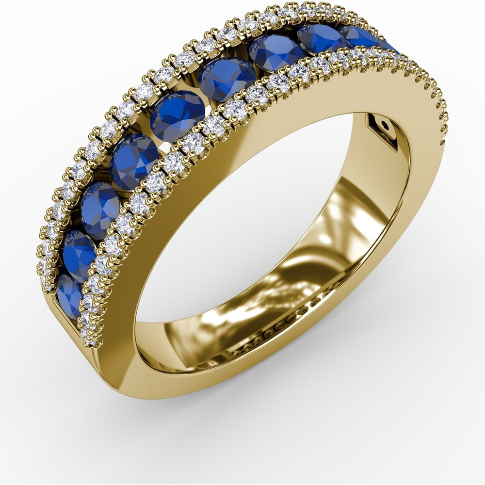 Three Row Band with Channel Set Round Sapphires and Pavé Diamonds by Fana - 1.25 Carat Total Gemstone Weight