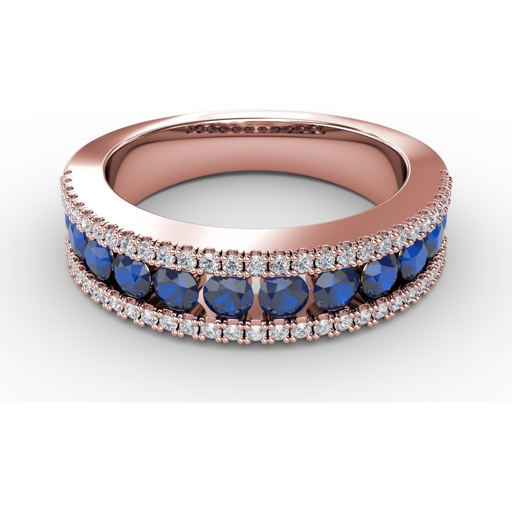 Three Row Band with Channel Set Round Sapphires and Pavé Diamonds by Fana - 1.25 Carat Total Gemstone Weight