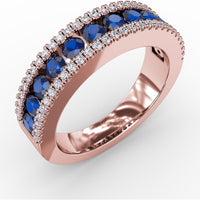 Three Row Band with Channel Set Round Sapphires and Pavé Diamonds by Fana - 1.25 Carat Total Gemstone Weight