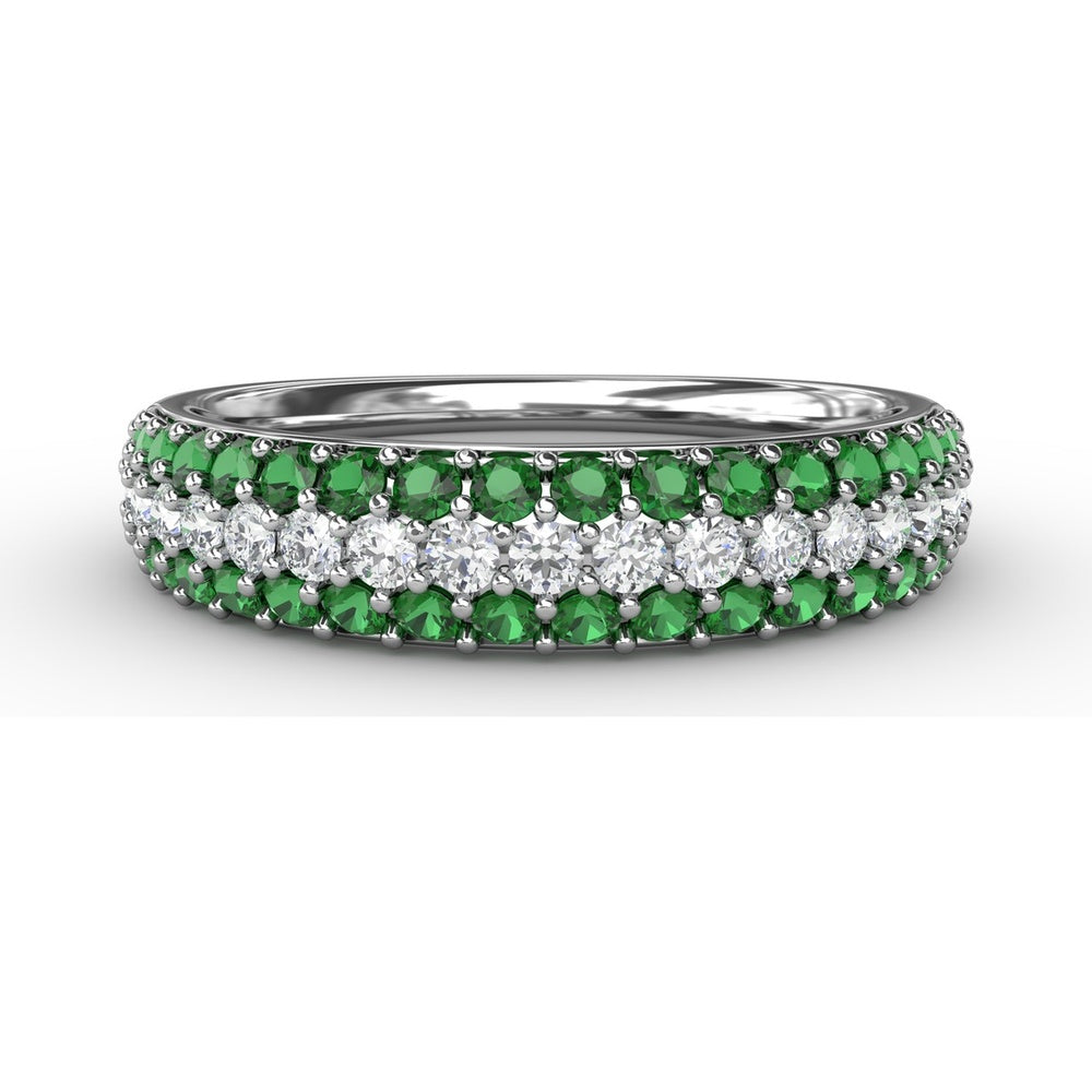 Three Row Band with Prong Set Round Emeralds and Round Diamonds by Fana - 1.02 Carat Total Gemstone Weight