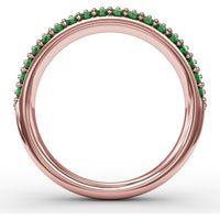 Three Row Band with Prong Set Round Emeralds and Round Diamonds by Fana - 1.02 Carat Total Gemstone Weight