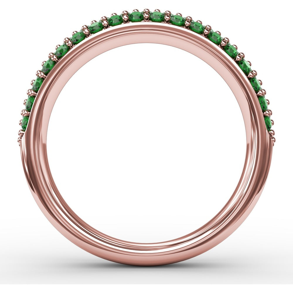 Three Row Band with Prong Set Round Emeralds and Round Diamonds by Fana - 1.02 Carat Total Gemstone Weight