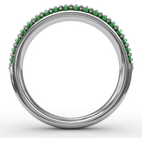 Three Row Band with Prong Set Round Emeralds and Round Diamonds by Fana - 1.02 Carat Total Gemstone Weight
