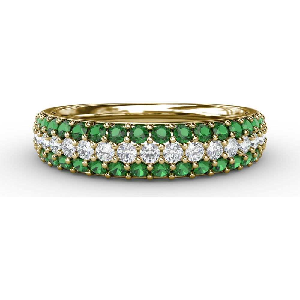 Three Row Band with Prong Set Round Emeralds and Round Diamonds by Fana - 1.02 Carat Total Gemstone Weight