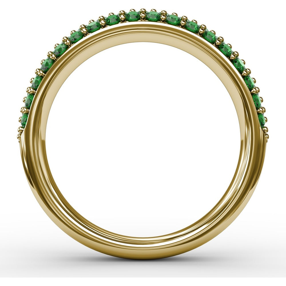 Three Row Band with Prong Set Round Emeralds and Round Diamonds by Fana - 1.02 Carat Total Gemstone Weight