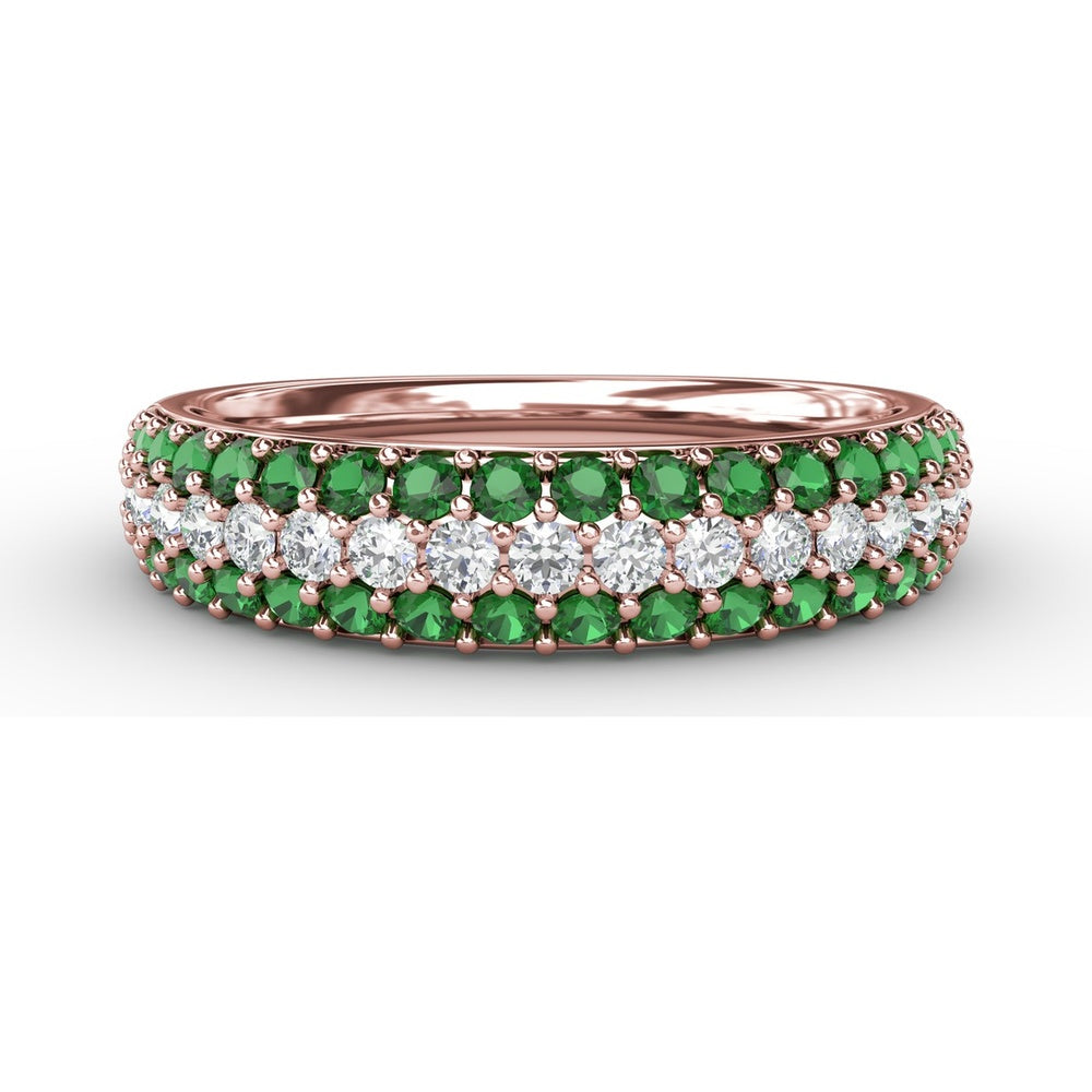 Three Row Band with Prong Set Round Emeralds and Round Diamonds by Fana - 1.02 Carat Total Gemstone Weight