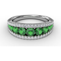 Three Row Band with Round Emeralds and Pavé Diamonds by Fana - 1.32 Carat Total Gemstone Weight