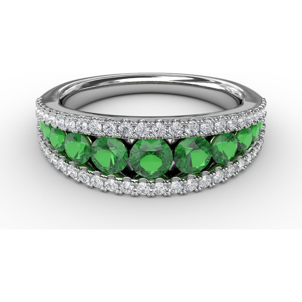 Three Row Band with Round Emeralds and Pavé Diamonds by Fana - 1.32 Carat Total Gemstone Weight