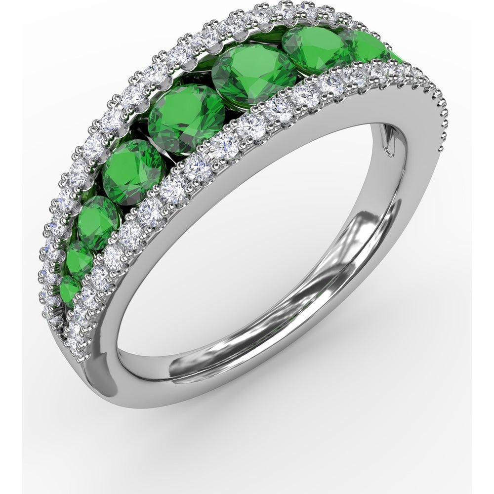 Three Row Band with Round Emeralds and Pavé Diamonds by Fana - 1.32 Carat Total Gemstone Weight