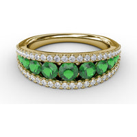 Three Row Band with Round Emeralds and Pavé Diamonds by Fana - 1.32 Carat Total Gemstone Weight