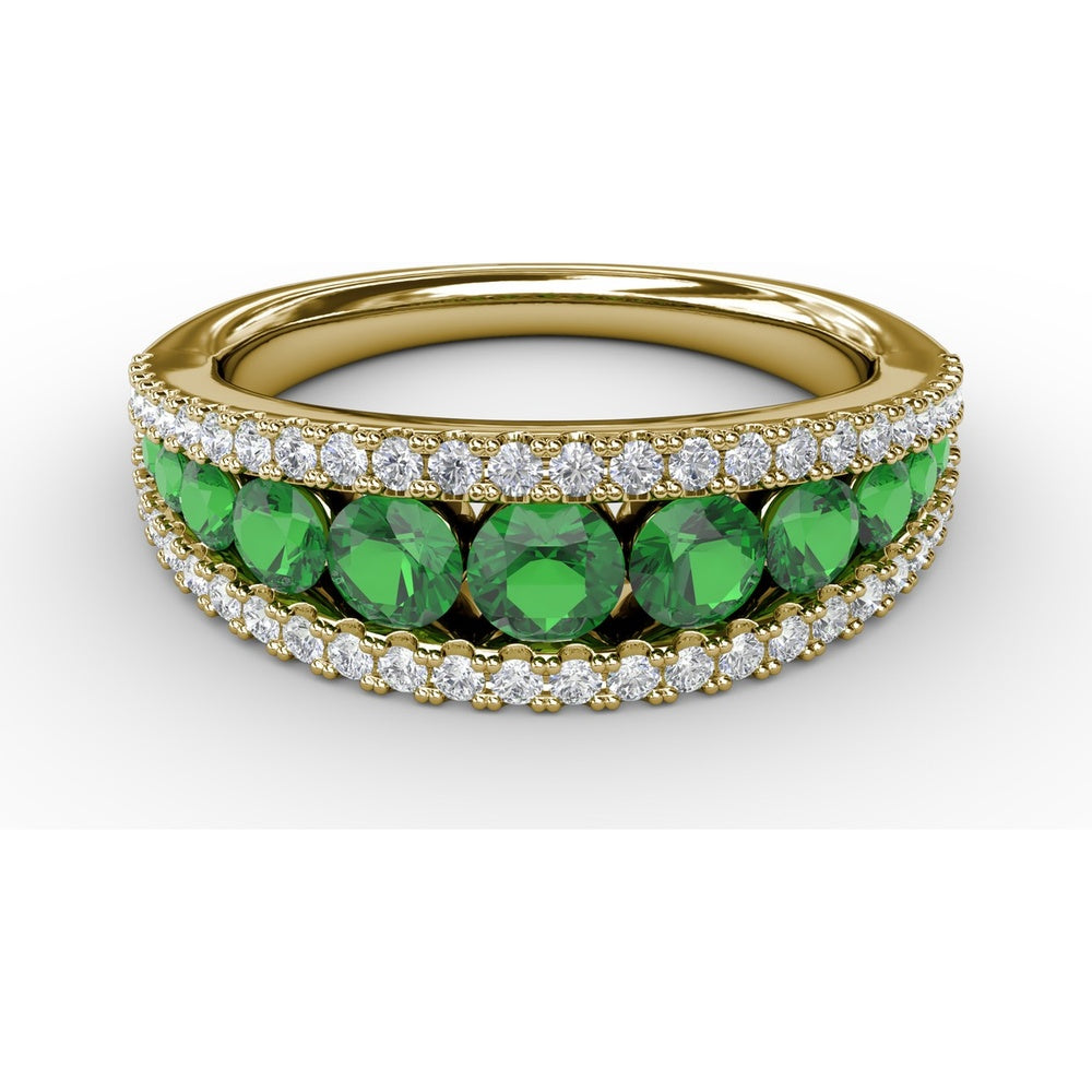 Three Row Band with Round Emeralds and Pavé Diamonds by Fana - 1.32 Carat Total Gemstone Weight