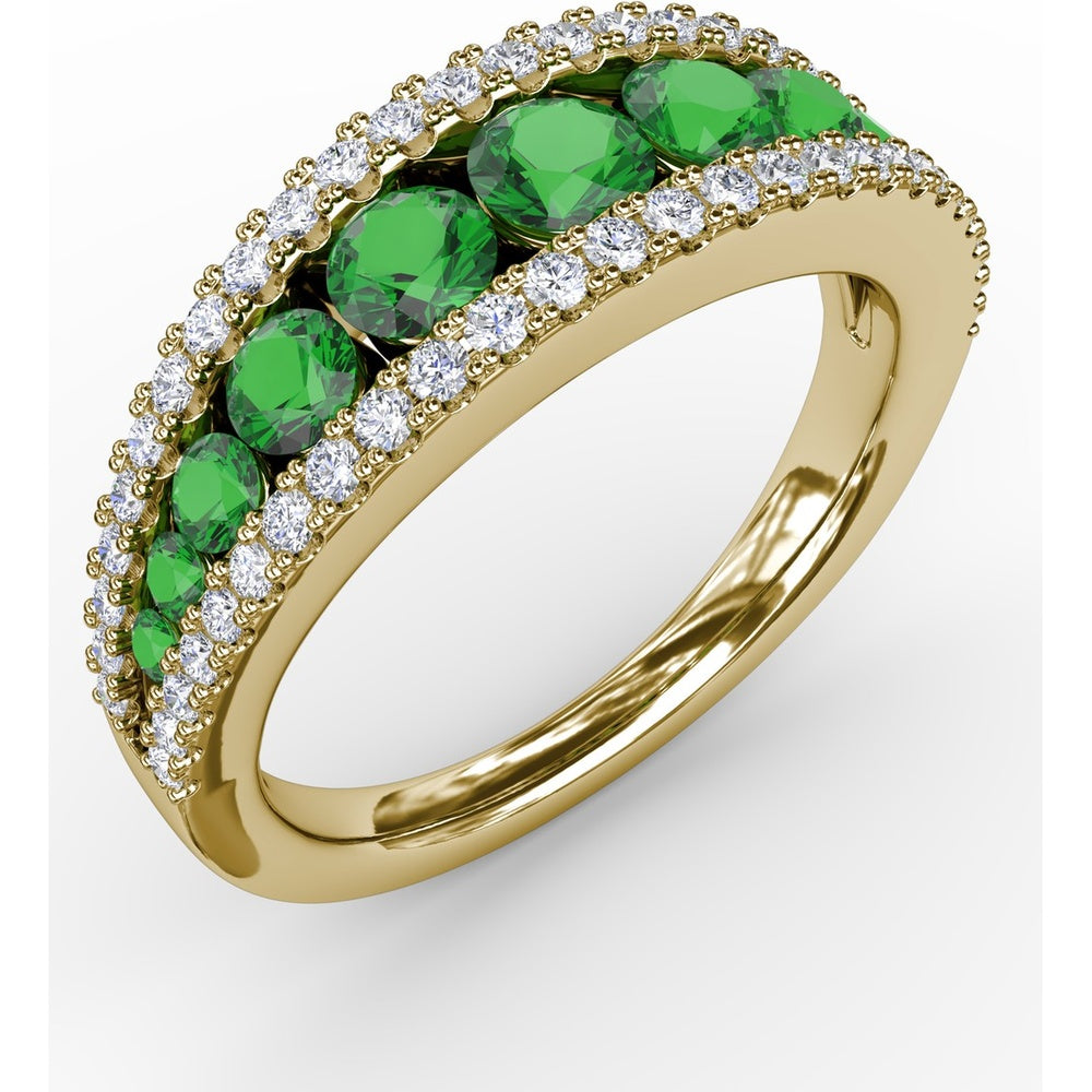 Three Row Band with Round Emeralds and Pavé Diamonds by Fana - 1.32 Carat Total Gemstone Weight
