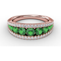 Three Row Band with Round Emeralds and Pavé Diamonds by Fana - 1.32 Carat Total Gemstone Weight