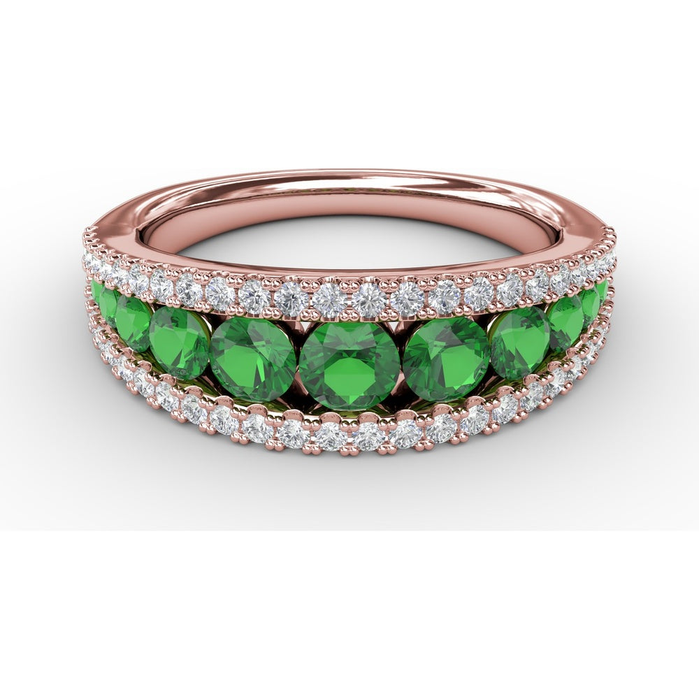 Three Row Band with Round Emeralds and Pavé Diamonds by Fana - 1.32 Carat Total Gemstone Weight
