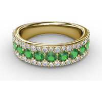 Three-Row Band with Round Emeralds and Pavé Diamonds by Fana - 1.53 Carat Total Gemstone Weight
