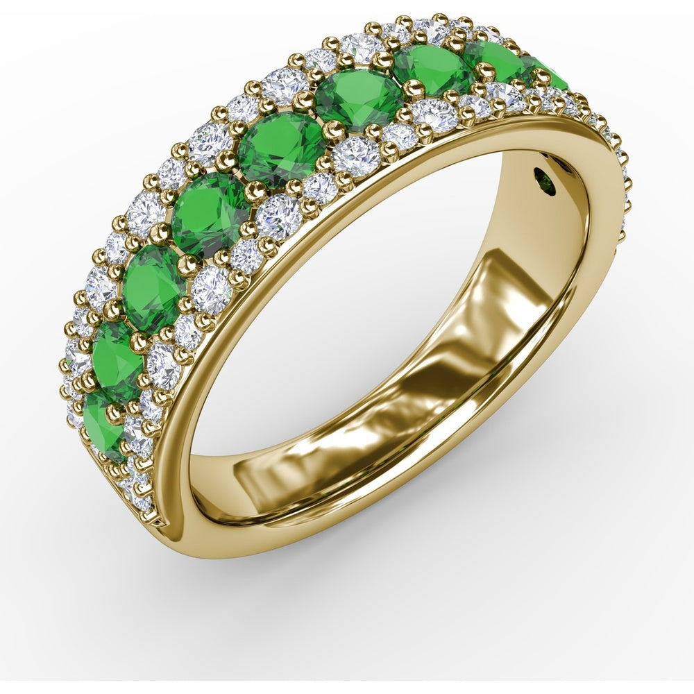 Three-Row Band with Round Emeralds and Pavé Diamonds by Fana - 1.53 Carat Total Gemstone Weight