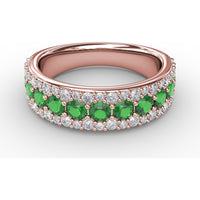 Three-Row Band with Round Emeralds and Pavé Diamonds by Fana - 1.53 Carat Total Gemstone Weight