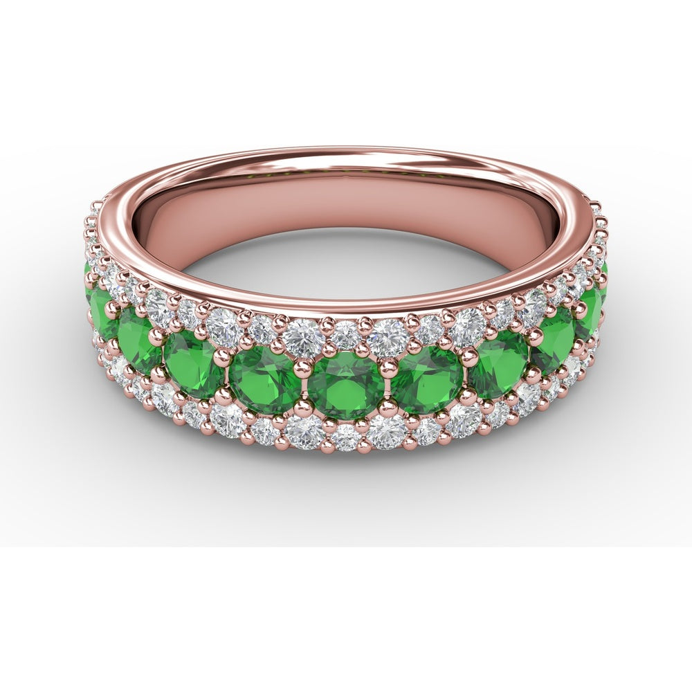 Three-Row Band with Round Emeralds and Pavé Diamonds by Fana - 1.53 Carat Total Gemstone Weight