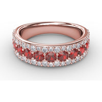 Three-Row Band with Round Rubies and Pavé Diamonds by Fana - 1.75 Carat Total Gemstone Weight