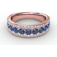 Three Row Band with Round Sapphires and Pavé Diamonds by Fana - 1.64 Carat Total Gemstone Weight