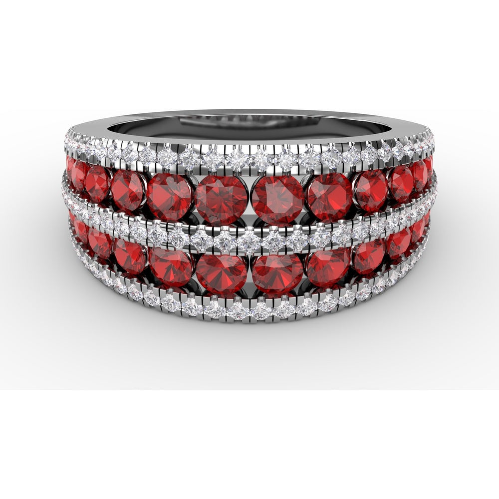 Three-Row Stacked Band with Round Rubies and Pavé Diamonds by Fana - 2.47 Carat Total Gemstone Weight