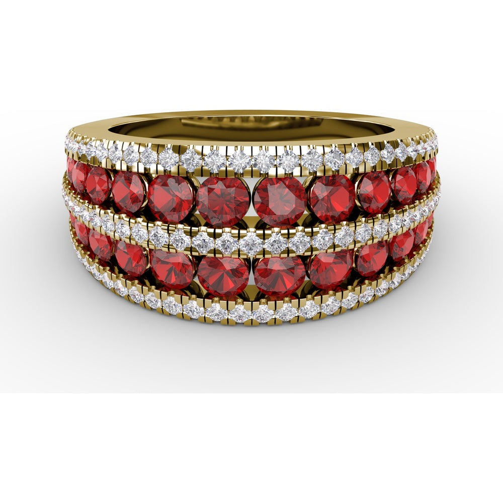 Three-Row Stacked Band with Round Rubies and Pavé Diamonds by Fana - 2.47 Carat Total Gemstone Weight