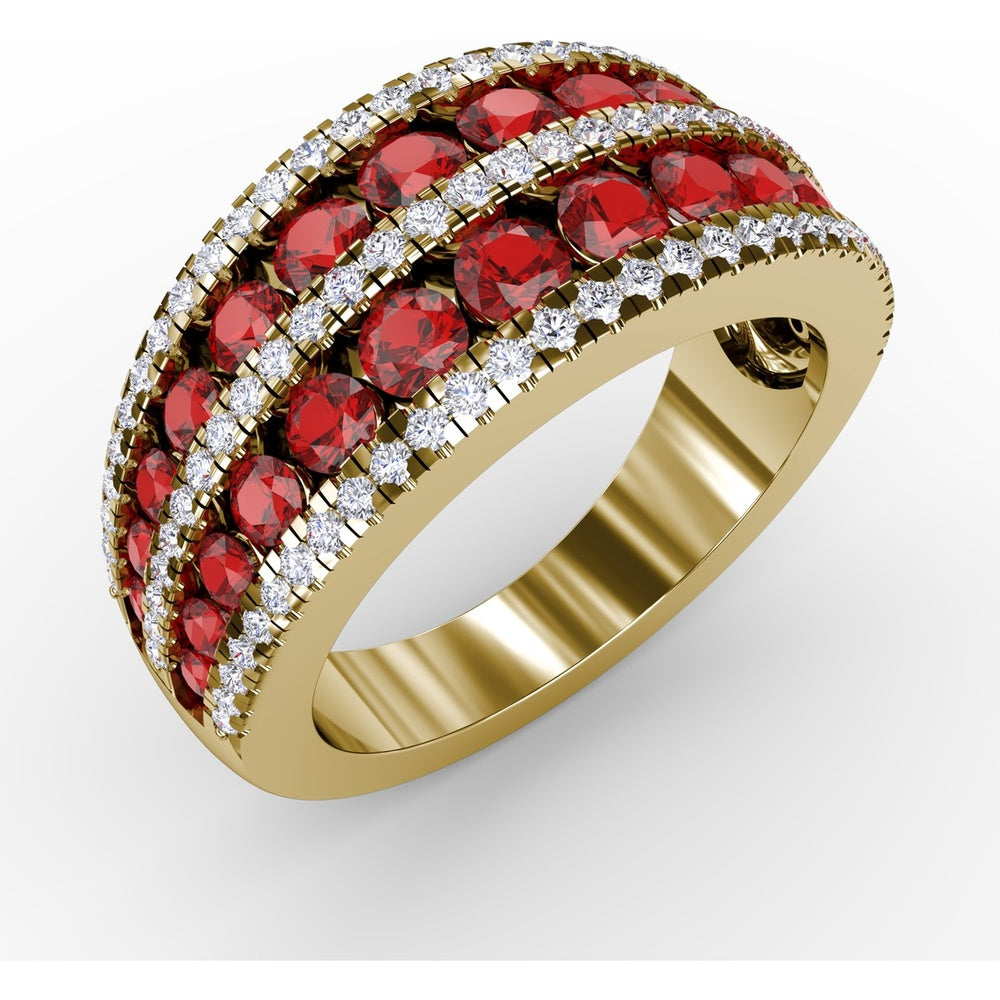 Three-Row Stacked Band with Round Rubies and Pavé Diamonds by Fana - 2.47 Carat Total Gemstone Weight