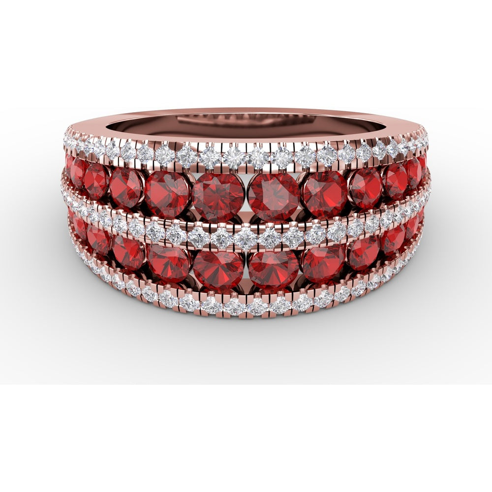 Three-Row Stacked Band with Round Rubies and Pavé Diamonds by Fana - 2.47 Carat Total Gemstone Weight