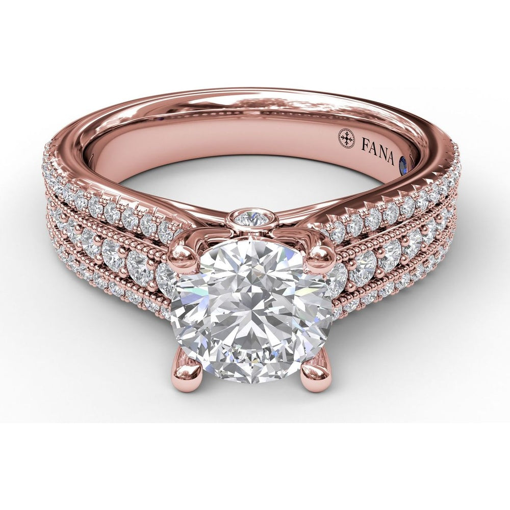 Three Row Stepped Engagement Ring Setting with Pavé Diamonds and Milgrain Detail by Fana - 0.58 Carat Total Diamond Weight